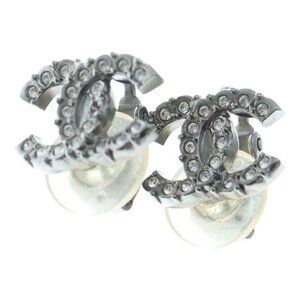 Chanel CC Logo Rhinestone Earrings Silver
